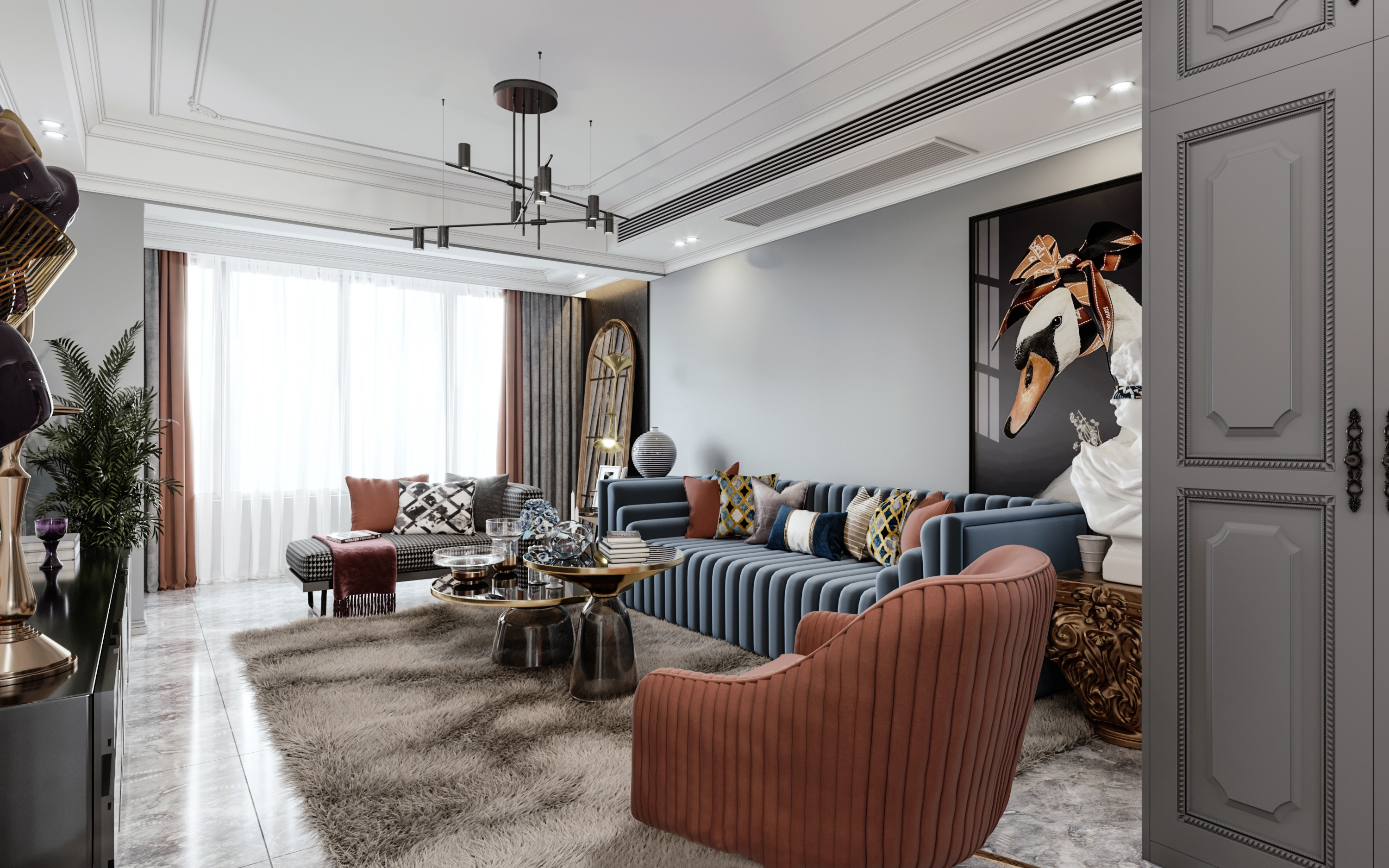 南寧嘉和城溫莎堡160㎡客廳美式輕奢裝修風格案例效果圖