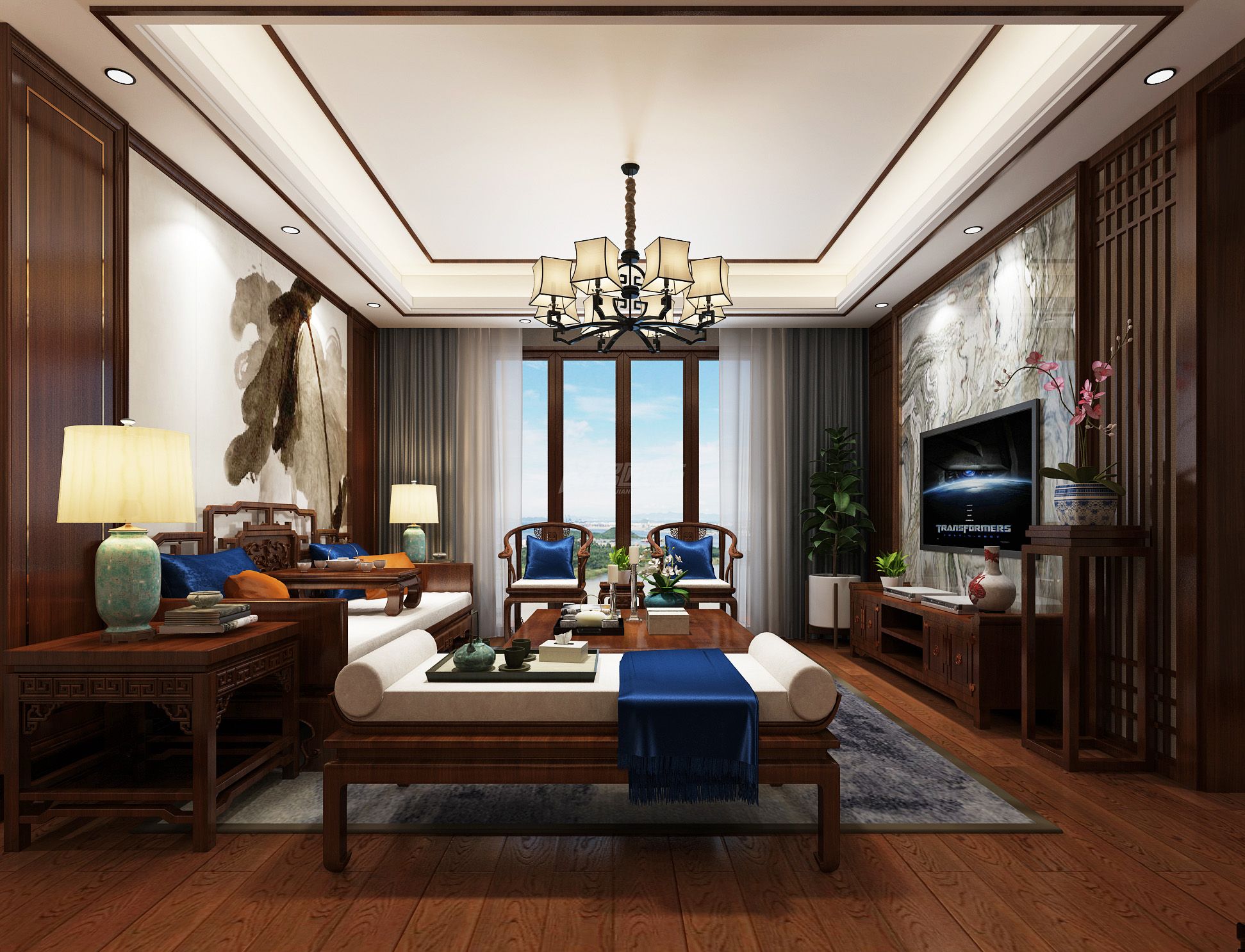 青秀山一號140㎡客廳中式裝修風格效果圖