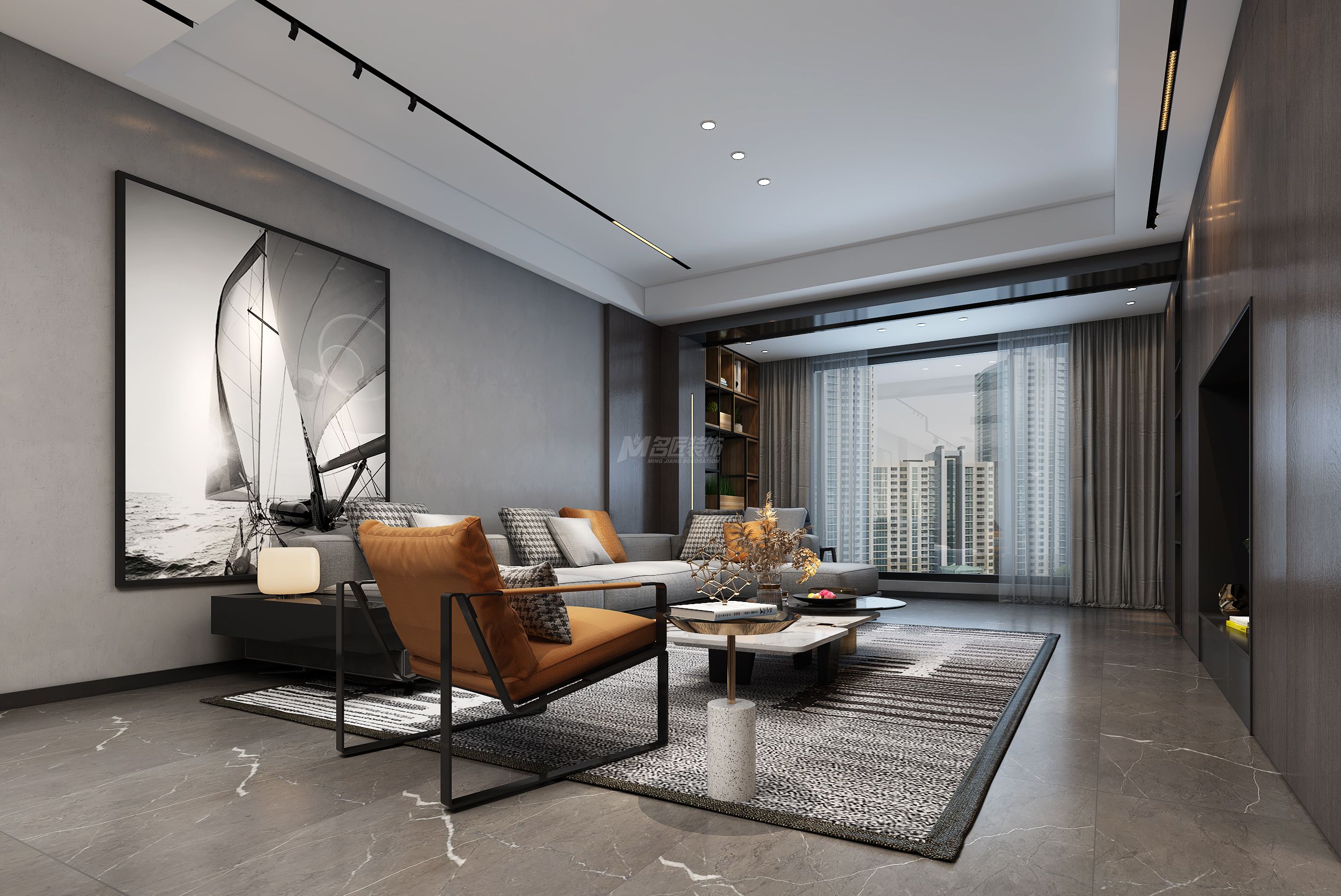 江山麗園160㎡客廳現代灰色極簡裝修風格效果圖